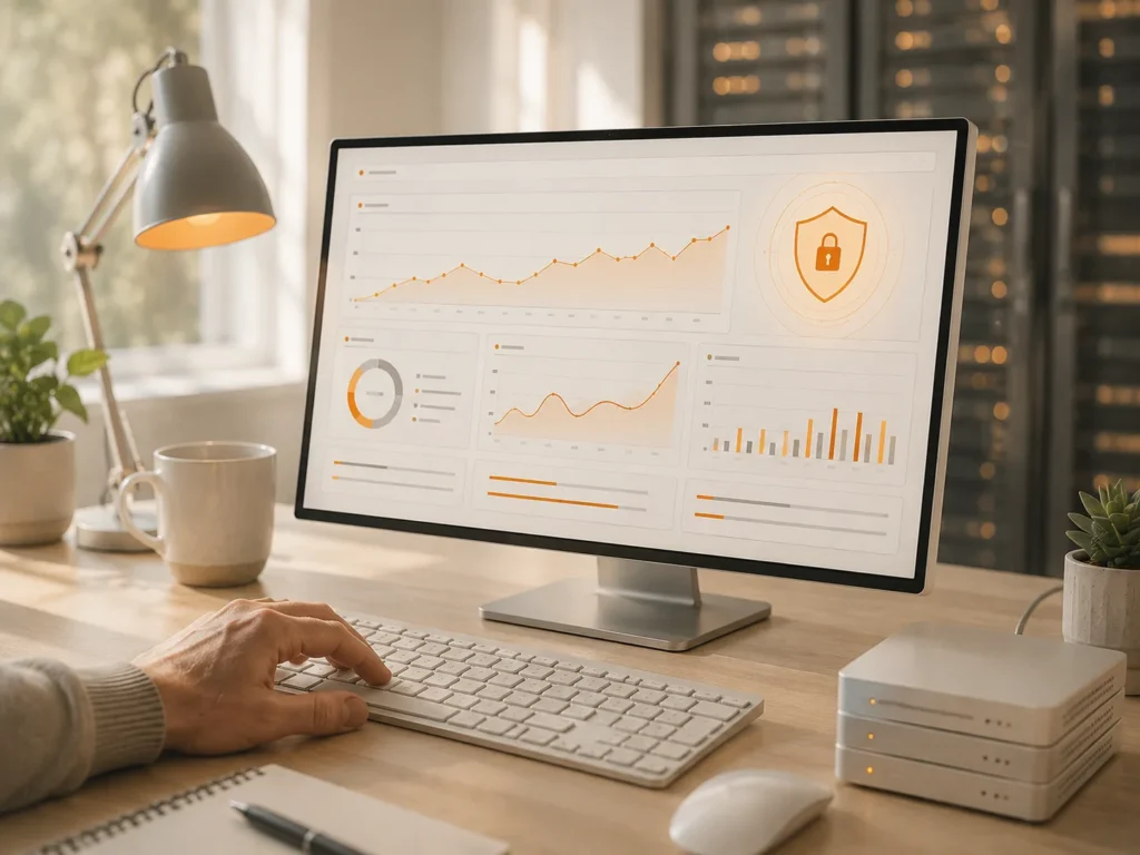 Monitoring-Dashboard mit Diagrammen und einem Sicherheits-Schild
